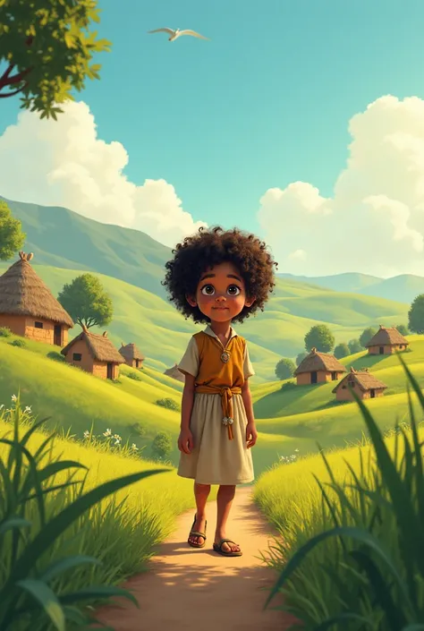 A young girl named Zainab, around six years old, with curly hair and bright eyes, arrives at her grandfather's peaceful village surrounded by green fields and small mud houses.