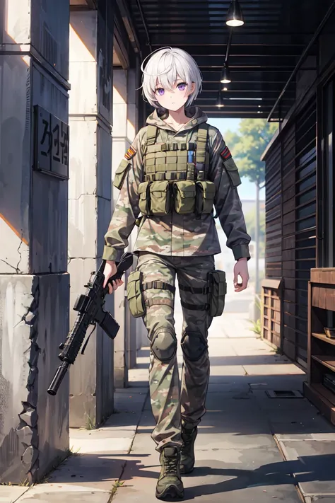 Tall、 beautiful、 white skin、 long legs 、 shortcuts、 purple eyes、cool、Break、quiet、 white hair、 assault rifle、 Army、 Special Forces、 camouflage suit、 long pants