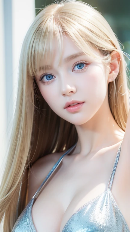  1 girl, solo,  high resolution,  long hair, Super bright baby blue eyes , bangs,  blonde, 目の間のbangs, とても long hair,  textured skin showing armpits,  hair to hide one eye,  Shiny Hair, Straight Hair, Hair in the eyes, Too much hair,  big breasts,  Bright E...