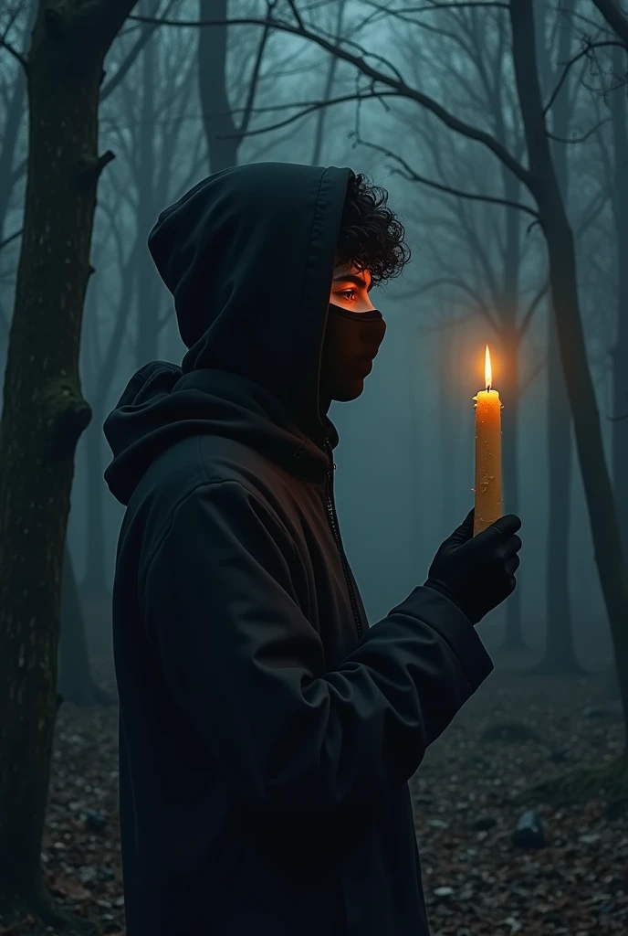 I want you to draw me a person with very short, mysterious hair.. carrying a candle that guides him in a dark and desolate forest.. and there was a strong relationship between the candle and that person.. and this person is from our generation and is 24 ye...