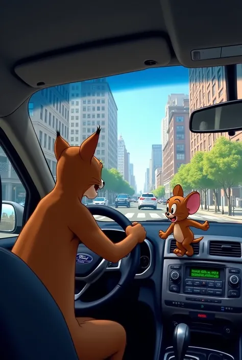 inside tom's new ford 2015 car Tom is driving with Jerry sitting down driving in tom's new 2015 ford car driving in the city in 2d listening to radio stations