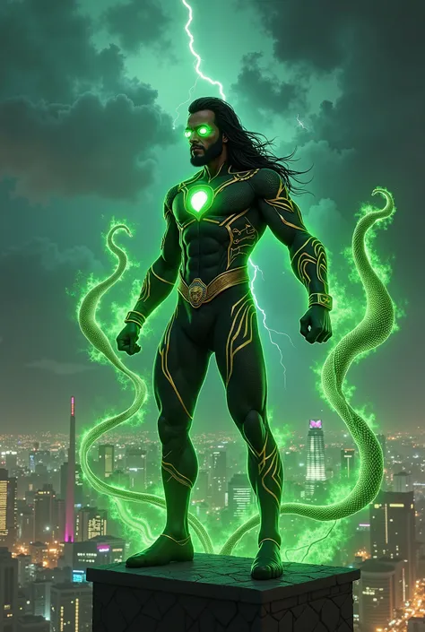 A powerful serpent-themed superhero stands heroically on top of a skyscraper, looking over a futuristic Indian city at night. His glowing green eyes radiate mystical energy, and his muscular body is covered in a sleek, snake-scaled bodysuit with golden arm...