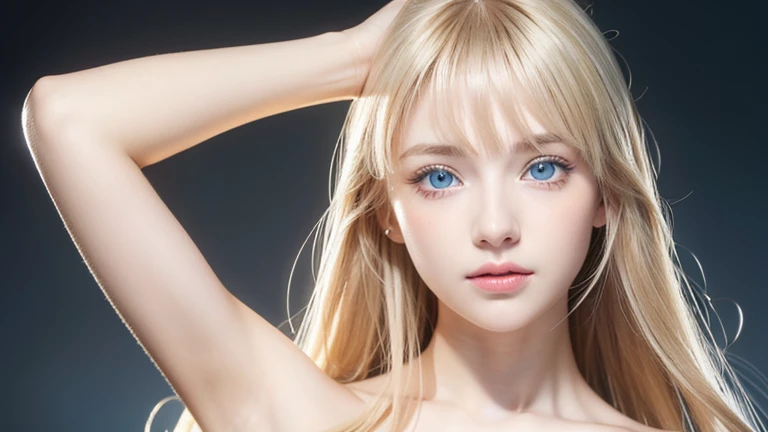 1 cute  girl , solo,  high resolution,  long hair,  dazzlingly bright baby blue eyes, bangs, Beautiful blonde, 目の間のbangs, とても long hair,  textured skin showing armpits,  hair to hide one eye,  Shiny Hair, Straight Hair, Hair in the eyes, Too much hair,  bi...