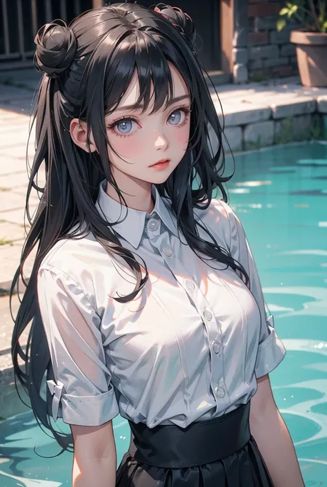 twin bun hairstyle with long hair, black hair, grey eyes, small breasts, blue shirt striped 