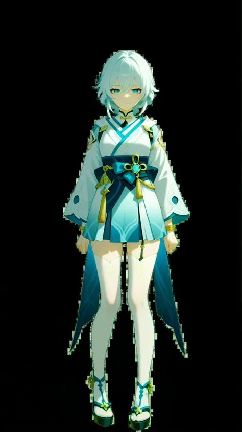 A full body portrait of an anime girl character. She is a young adult woman with short white hair, her eyes are like the aurora borealis and northern lights. She has freckles, a neutral facial expression, circular facial shape, and an overall cute design. ...