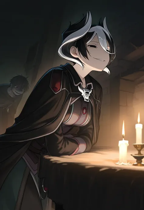 Anime Made in Abyss character Ozen, super tall, hunched back, evil smile, dark room, candlelight, ultra detailed, absolutely resolution, masterpiece