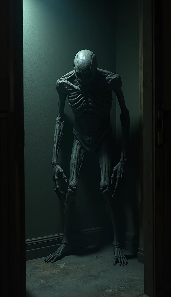 For a horror movie , a creepy being coming out of the corner of a dark room,  realistic image