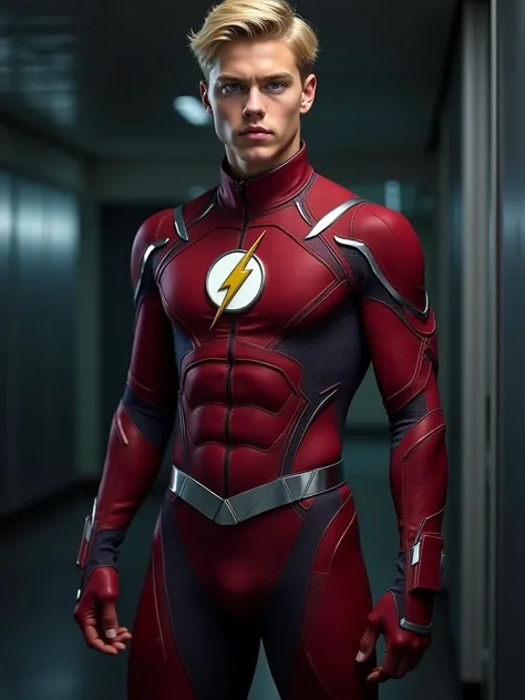 A full body image of  of a seventeen year old blond guy with blue eyes dressed in a stylized red--blue costume,  clearly inspired by the Flash  (Jay Garrick), the DC Comics superhero. The costume features silver details that resemble lightning ,  as the sy...