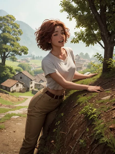 official art, cinematic lighting, white tomboy girl, red curly tousled hair, freckles, torn village clothes, climbed a tree, laughs, dynamic pose, background of an old village, oil watercolor, airbrush, style Mikhail Garmash
