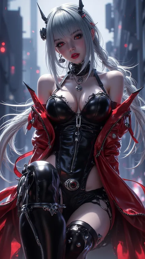 Super real， Ultra High Resolution ，8k， High detail， HD ，vampire，solo， Lolita Fashion ， Slim Fit ，slim，Long hair ，single braid，silver hair，red eye，floating， arms crossed， Lolita Wore，Thigh boots，Big Breasts，cleavage，silver earrings， Magic Eye Necklace ，Base...