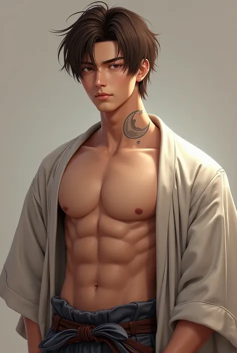 realistic young adult asian brown haired boy in a cool pose with moon neck tattoo in kimono half body head not cut off with abs