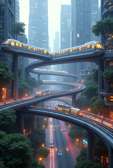 Futuristic image of complex route of monorail and metro through dense residential area