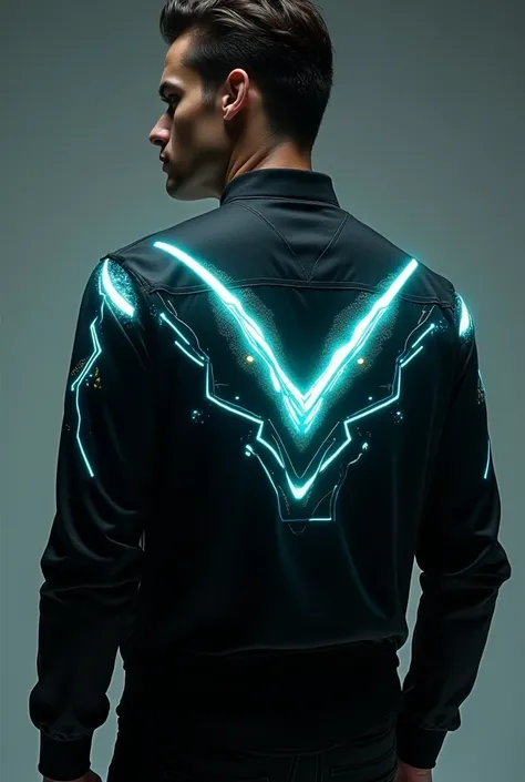 A futuristic male character with a stylish black shirt featuring a neon light design. The shirt includes angular patterns with glowing blue and green light circuits, resembling a mix of technology and modern fashion. The glowing design emphasizes innovatio...