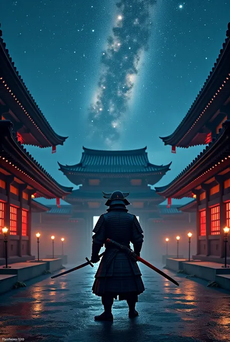 Samurai with one red katana in a Japanese temple training at night, galaxy in the sky, dark, mysterious, shadows,chão molhado,cinematic, realistic, centered. 