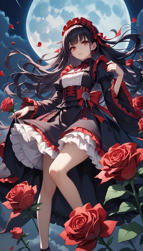 1girl,red roses are blooming,flying butterflys, black long hair, red eyes, Gothic Lolita dress,moon light, in the night, mysterious,Japanese style background,masterpiece, ultra detailed,high quality 