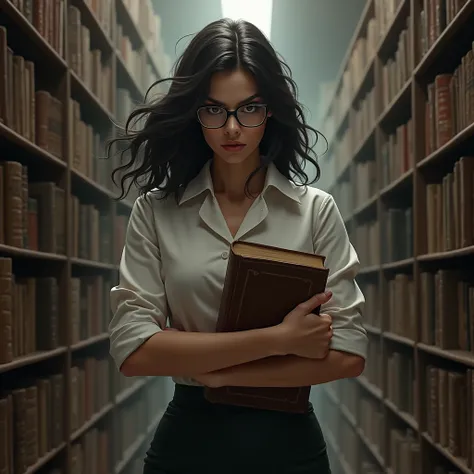 brutal woman librarian in glasses, under her arm a book
