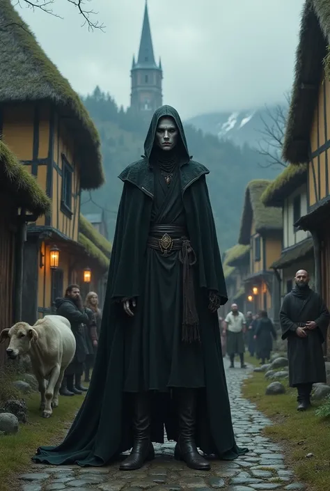 Create the image of a vampire without fangs in a medieval Norse village 