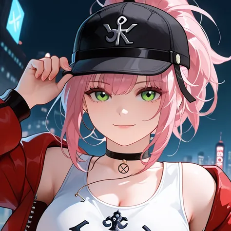 white woman with long pink hair, Black sport cap with red details, green eyes and a slightly square shaped face, light smile, wearing a New York Yankees Black and red jacket and a white tank top (big chest), she is in a night city with colorfull paints bac...