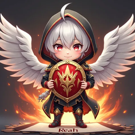  Create a chibi Krosmaster anime manga cdz realistic 3d with a huge shield in the center, held in two hands by a male divine summoner with a hood , with big white wings ,  white hair, black and red divine armor with gold ornaments ,  red heavenly dragon be...