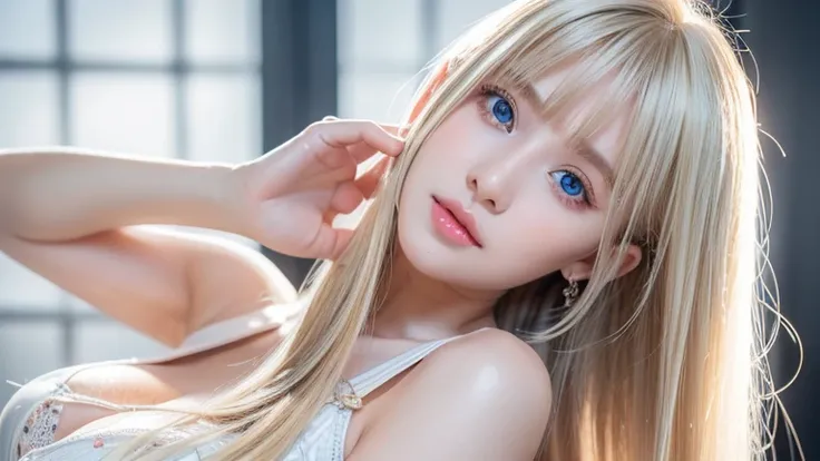 1 cute  girl , solo,  high resolution,  long hair,  dazzlingly bright baby blue eyes, bangs, Beautiful blonde, 目の間のbangs, とても long hair,  textured skin showing armpits,  hair to hide one eye,  Shiny Hair, Straight Hair, Hair in the eyes, Too much hair,  bi...