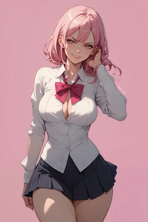 Pink shoulder length hair, pink eyes, white open top, open blouse, very short skirt, thick oily thighs, smirk, closer mouth, touching hair, huge boobs, white background,