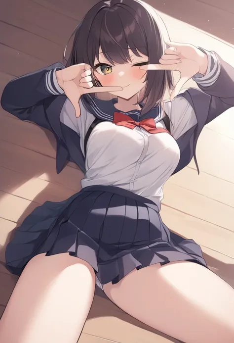  1 girl,  Medium Boobs , school uniform,
 finger frame ,  staring at viewers ,  raise your arms,  closed one eye,  along the floor ,
 top quality,medium quality,