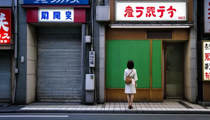 empty tokyo city, night, abandoned buildings, an idol woman in the street, japanese idol, robbed stores