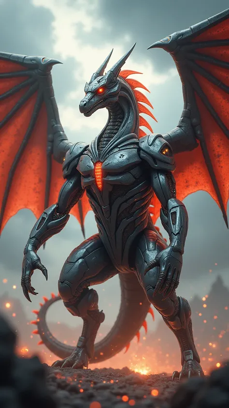  A fusion between a dragon and a robot .  This being has shiny metallic scales ,  giant wings made of carbon fiber and eyes glowing like red LEDs. Their claws are sharp as blades,  and it exudes cybernetic smoke .  Its body mixes organic and mechanical ele...