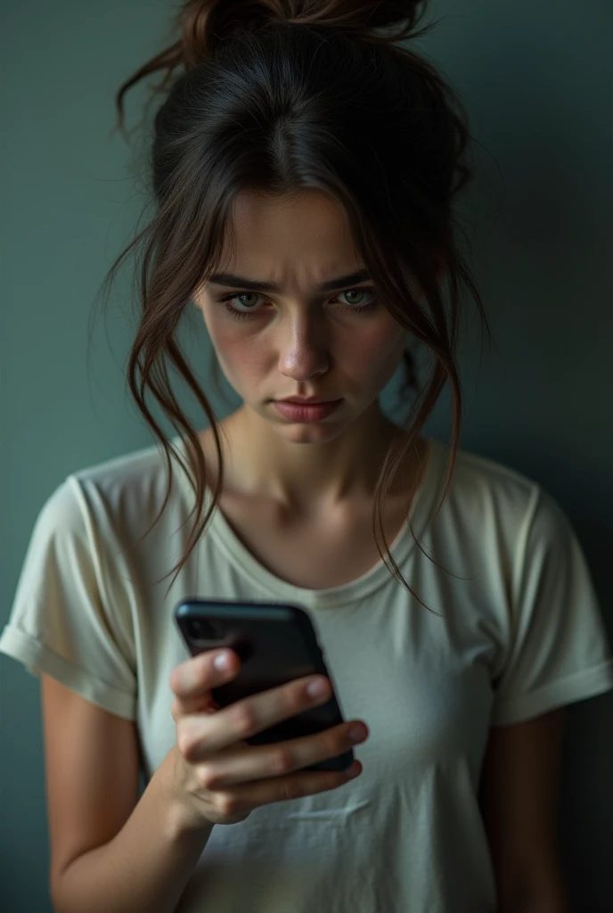 A young woman with tired eyes and shaking a lot with her hair messy and with a cell phone in her hand looking like a drug addict on her cell phone 