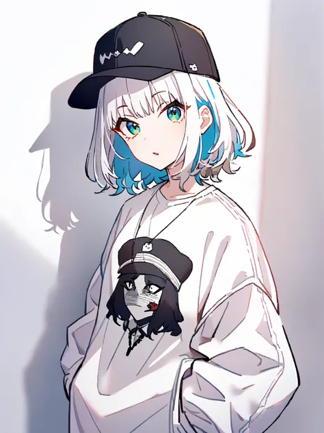  1girl , Alone, hat, hands_in_pockets,  multicolored _hair, shadow, parted_lips, bangs, standing, white_shirt, looking_at_viewer, shirt,black and white background 、Only the body is colored