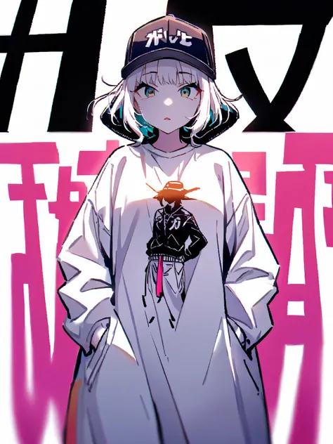  1girl , Alone, hat, hands_in_pockets,  multicolored _hair, shadow, parted_lips, bangs, standing, white_shirt, looking_at_viewer, shirt,black and white background 、Only the body is colored