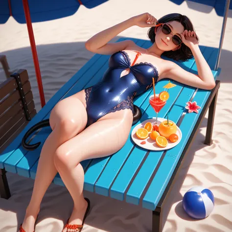 momiji, Full Body, (strapless bikini, silky lace, high-leg, chest and abdomen cut-out swimsuit, swimsuit color is drawn randomly), resort beach, bench, beach umbrella, sexy, sunglasses, blue Hawaii cocktail, cocktail glass, score 9, score 8_up, score 7_up,...