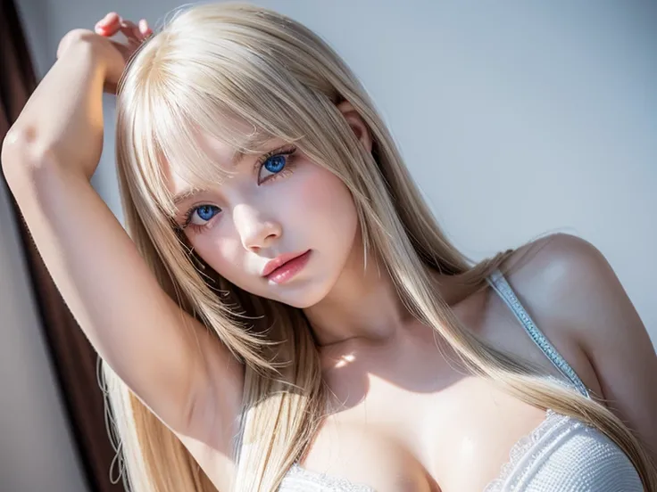 1 cute  girl , solo,  high resolution,  long hair,  dazzlingly bright baby blue eyes, bangs, Beautiful blonde, 目の間のbangs, とても long hair,  textured skin showing armpits,  hair to hide one eye,  Shiny Hair, Straight Hair, Hair in the eyes, Too much hair,  bi...