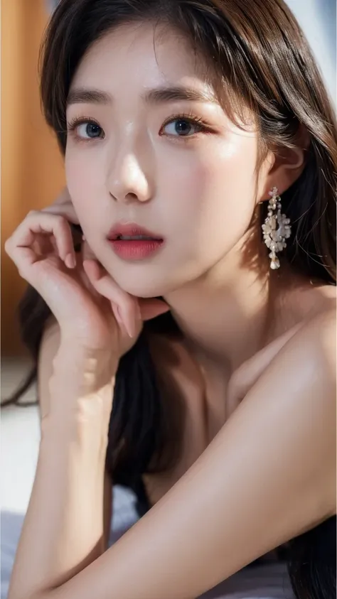 (8K, highest quality, masterpiece:1.2),  (realistic, Photoreal:1.37),  Super detailed, one girl, (very detailed), (detailed and beautiful eyes), ((((highly detailed artwork))))、(Earrings)、((long hair))、(Scarlett red lipstick)、、(masterpiece、Highest quality、...