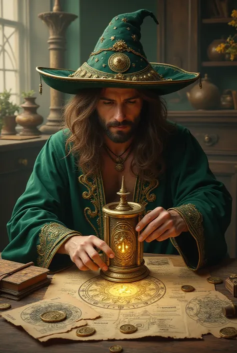 The wizard man sitting and constructs a mini portal, machine, plans sketches, 8 great coins, brown hair, green and gold dress, magic astrology hat