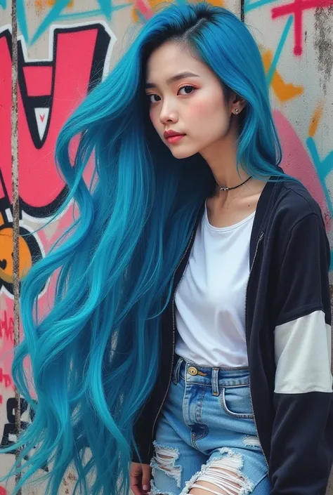 A Korean girl , long haired blue dyed ash ash ,  brdiri next to the wall with vibrant graffiti art.  The graffiti featured a large, stylish portrait of the woman's face and the words "ECHA "on the wall ,The girl is wearing a white Japanese-style t-shirt, w...