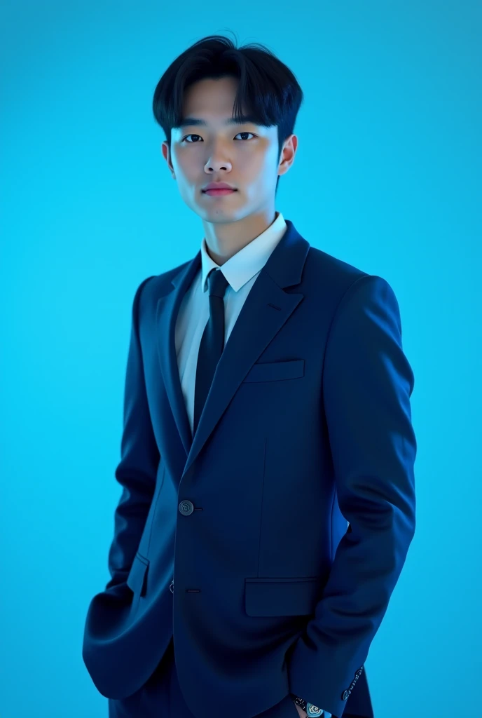 21 YEAR OLD asain BOY WEARING FORMAL AND POSING FOR LINKEDIN blue LIGHT IN BACKGROUND korean hair 