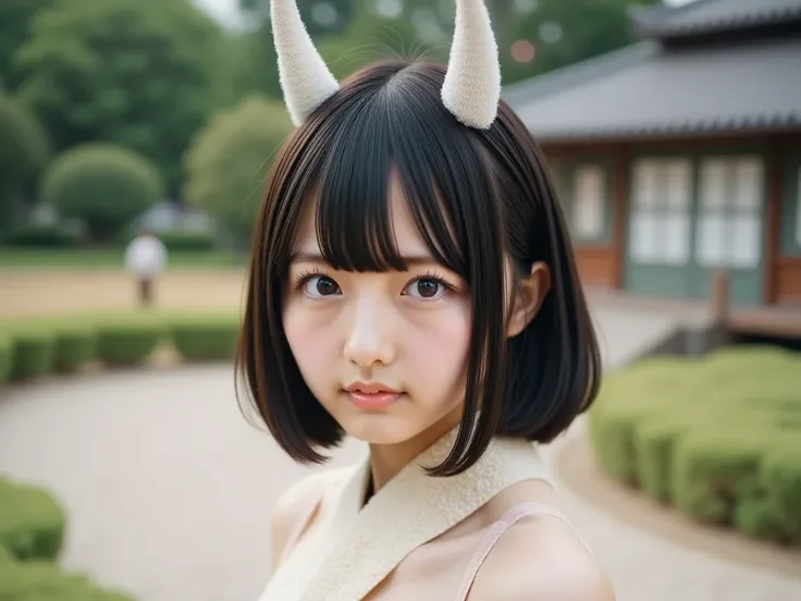 a 18-year-old Japanese girl (semi long black hair, bangs reaching to eyebrows, straight hair, swaying hair, side fringe, Brown eyes), with oni horns, wearing a dress made of soybeans, set against a traditional Japanese landscape. The scene is serene and ha...