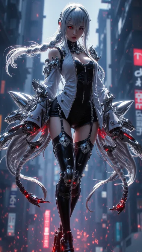 Super real，panoramic， Full Body Lens ， Ultra High Resolution ，8k， High detail， HD ，vampire，solo， Lolita Fashion ， Slim Fit ，slim，Long hair ，single braid，silver hair，red eye，stand，Agility ，Floating， arms crossed， Lolita Set，Thigh Boots ，Big Breasts，cleavage...