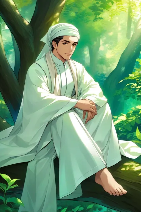 Handsome and scholarly Muslim from the past, Wearing white robes, In a lucious green forest, He is sat on a tree trunk with greenery all around him in a fantasy style. With a thoughtful expression. He looks elegant yet strong