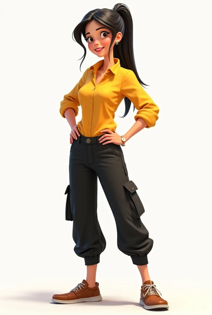 Female character T pose Disney Pixar yellow shirt black hunting ponytail tied hair 