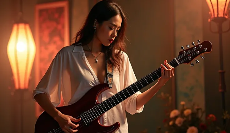  chinese woman playing metal guitar with her plump milk shirt open and looks her pussy, be on the walls of china exotic scenery 