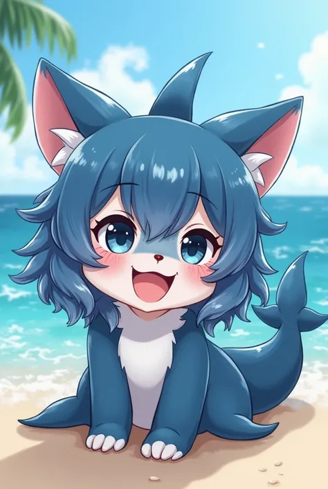 cute female shark furry with shark tail, and shark fin on back and animal ears with wavy blue hair and laying down at beach with water in hair. give them a vagina and breasts