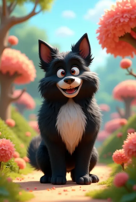  Create an image with characters in the animated 3D style . The image must contain a large black furry dog with a white breast 