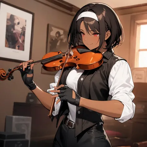 Masterpiece, top quality, detail XL, 1 girl, solo, ((violin playing)), front view, indoors, music room, black hair, short hair, brown skin, red eyes, medium build, smiling, she wears (black jacket with rolled up sleeves)), open jacket, fingerless gloves, w...