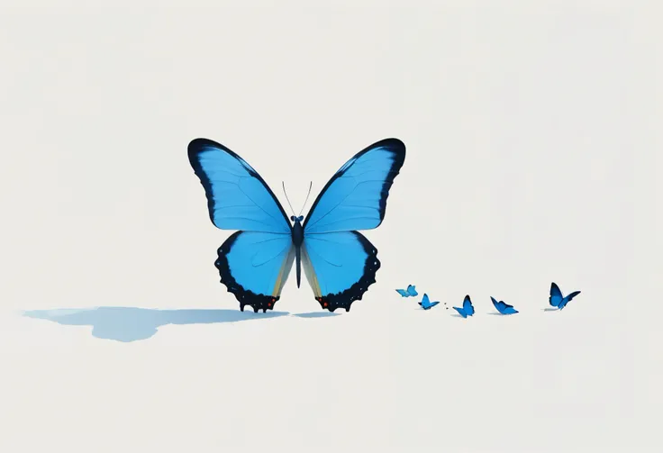 a Minimalist journey，Blue Butterfly， minimalism，  illustration ，Side View，Alone