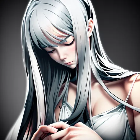 Pastel digital drawing in noir style, young woman with long, straight hair that cascades down her shoulders and chest. Her hair is drawn with fine lines. Her facial expression is somber, with her eyes closed frown, conveying a sense of sadness. She has sle...