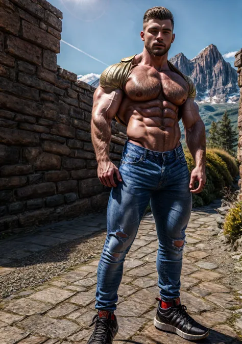 A character portrait [lean Soviet soldier , hairy body, alpha male ,make his muscles bigger (1.5) , thicker ,huge biceps, ripped abs, blue jeans, tight-fitting white t-shirt, sneakers, handsome, sunny mountain road] 4k, high detailed, beautiful, dark age, ...