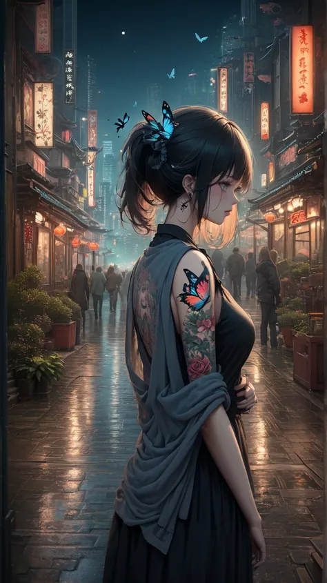  Masterpiece,  top quality,  great quality,   is ridiculous,  latest, scenery, very detailed, high resolution,woman, night city, butterfly々tattoo,
noise,