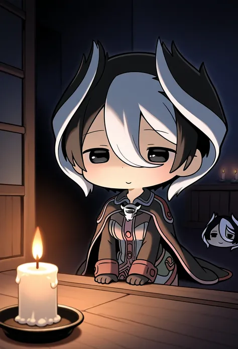 chibi, Anime Made in Abyss character Ozen, cheeky look, dark room, candlelight, ultra detailed, absolutely resolution, masterpiece